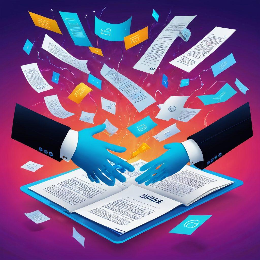A futuristic digital landscape filled with handshake icons and contract documents hovering in mid-air, representing successful online sponsorship deals. In the background, computer screens showcasing various digital content like blogs, videos, and social media, all surrounded by floating dollar signs. Bright, engaging colors and sleek, modern design. vector art. vibrant colors.