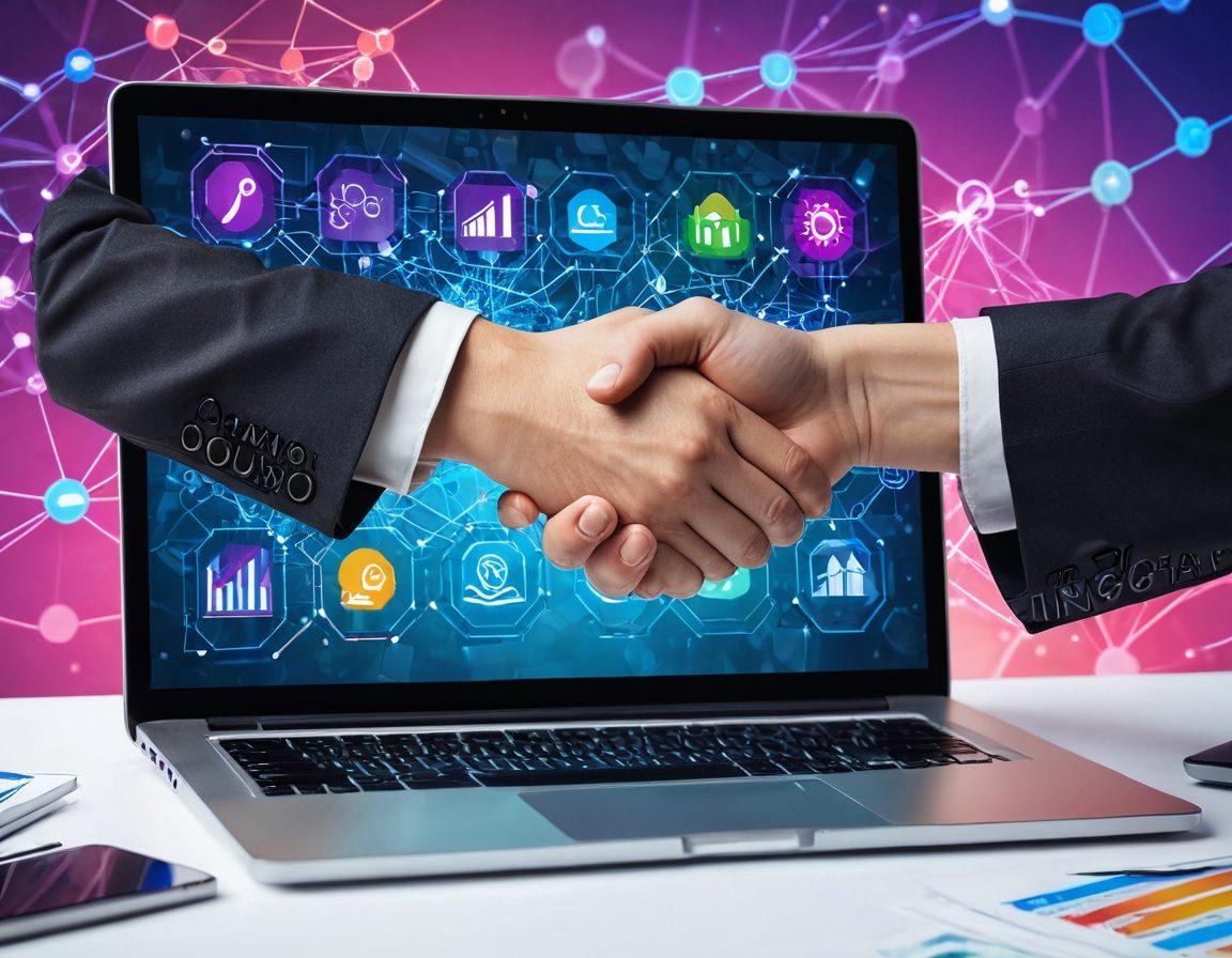 A dynamic scene of a professional shaking hands over a laptop screen, symbolizing a successful web-based sponsorship deal. Background features interconnected digital networks and negotiation icons like charts and graphs. Technological elements blend seamlessly with business symbols. vibrant colors. 3D.