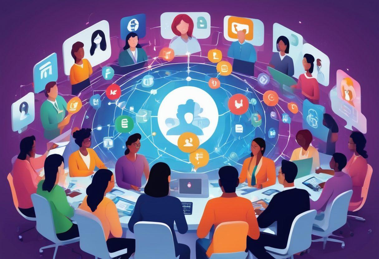 A dynamic scene showing diverse professionals in a virtual meeting, surrounded by digital icons representing various social media platforms and sponsorship logos, with interconnected nodes to illustrate strategic collaborations. Engaging, modern aesthetic with vibrant colors. vector art.